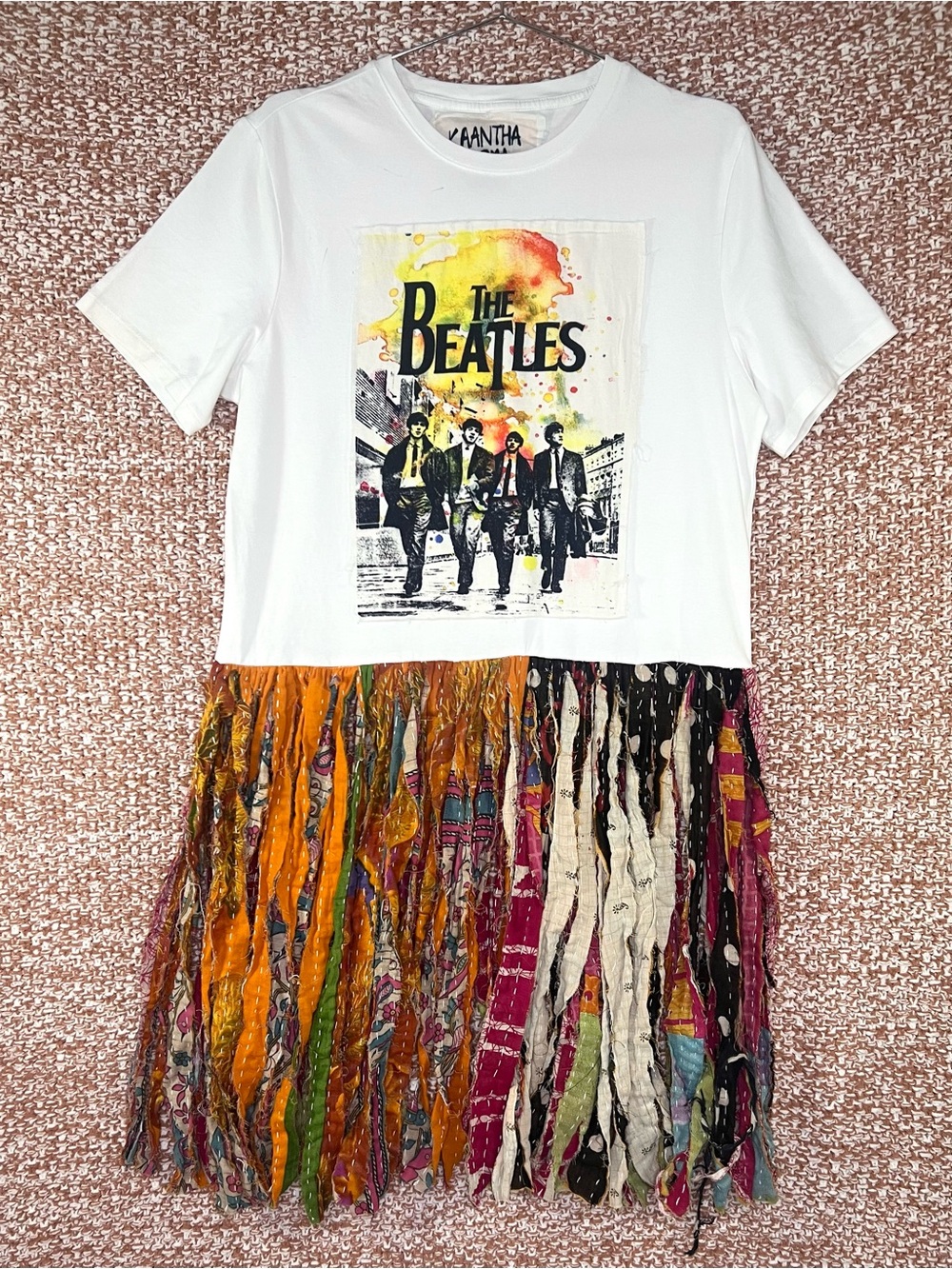 ✌🏼 The Beatles Graphic Patch Fringe Tee - White with Kantha Fringe | One Size
